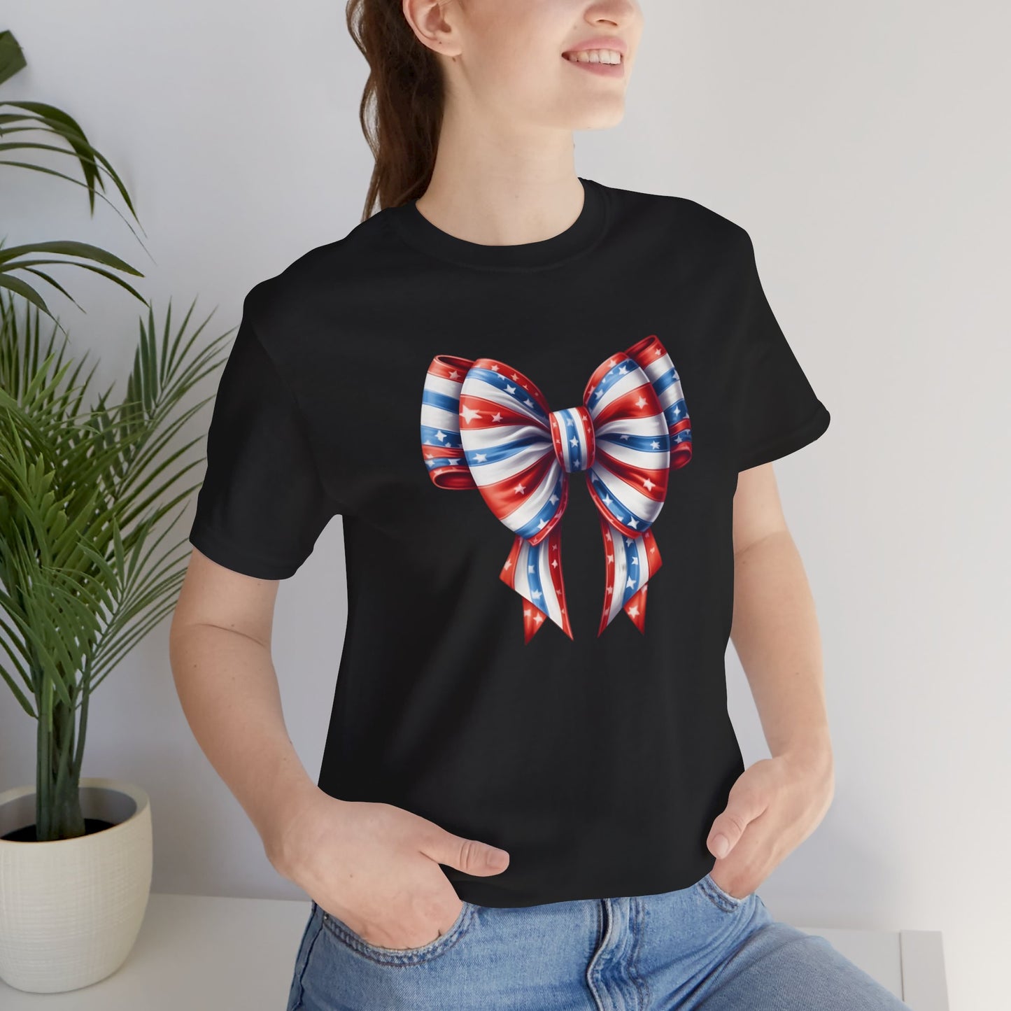 Womans Unisex Red White and Blue Ribbon Jersey Short Sleeve Tee