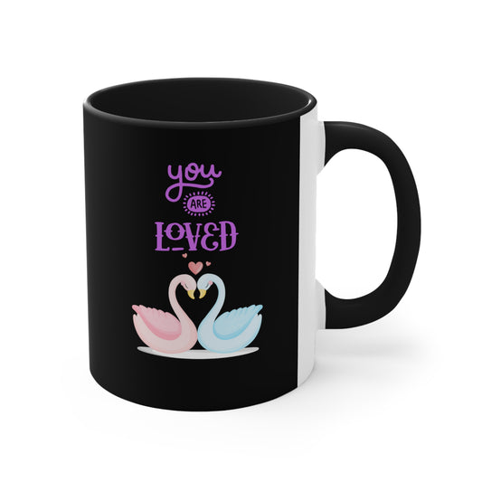 Swan You Are Loved on a Black Background Accent Coffee Mug, 11oz