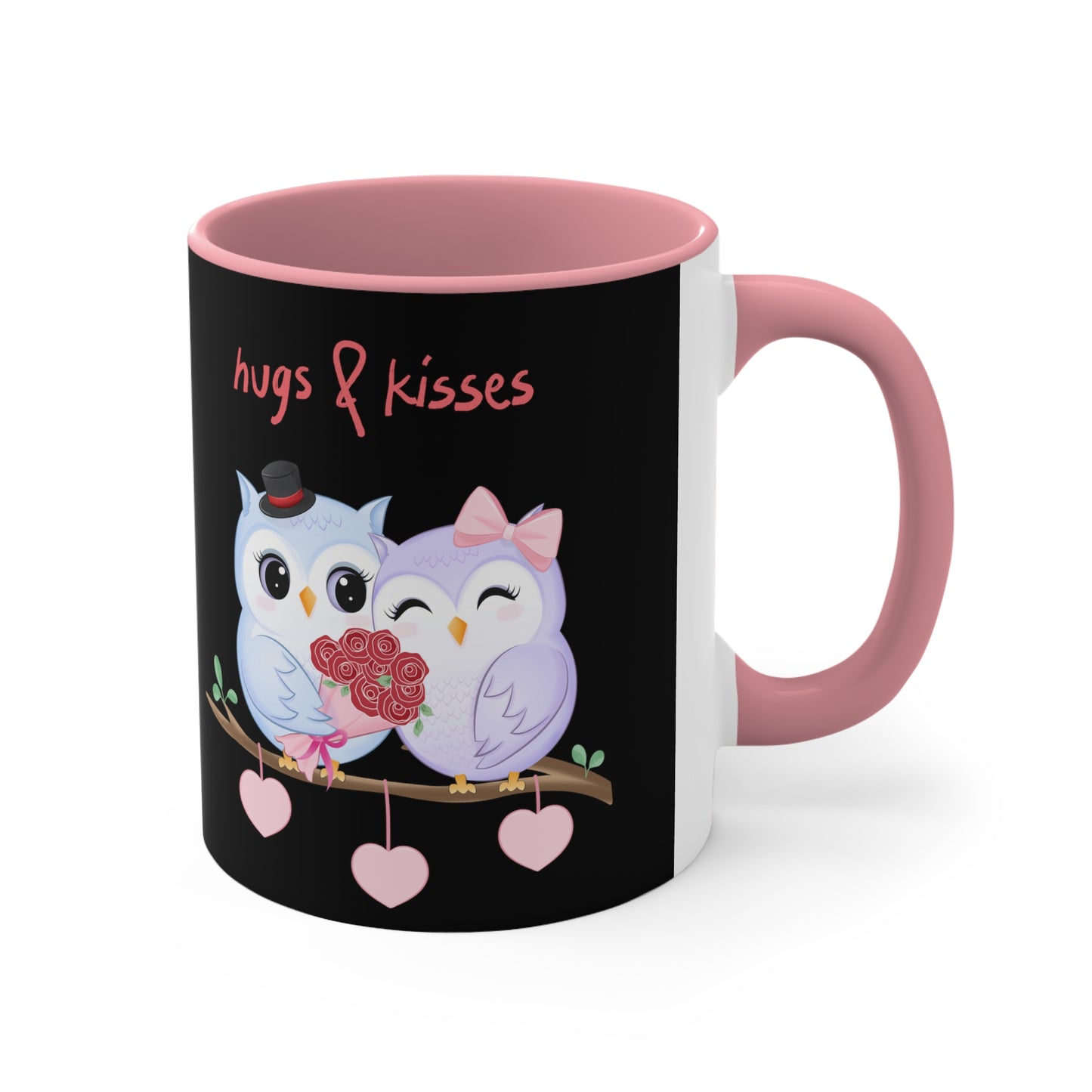 Hugs & Kisses Owls  Black Background Accent Coffee Mug, 11oz