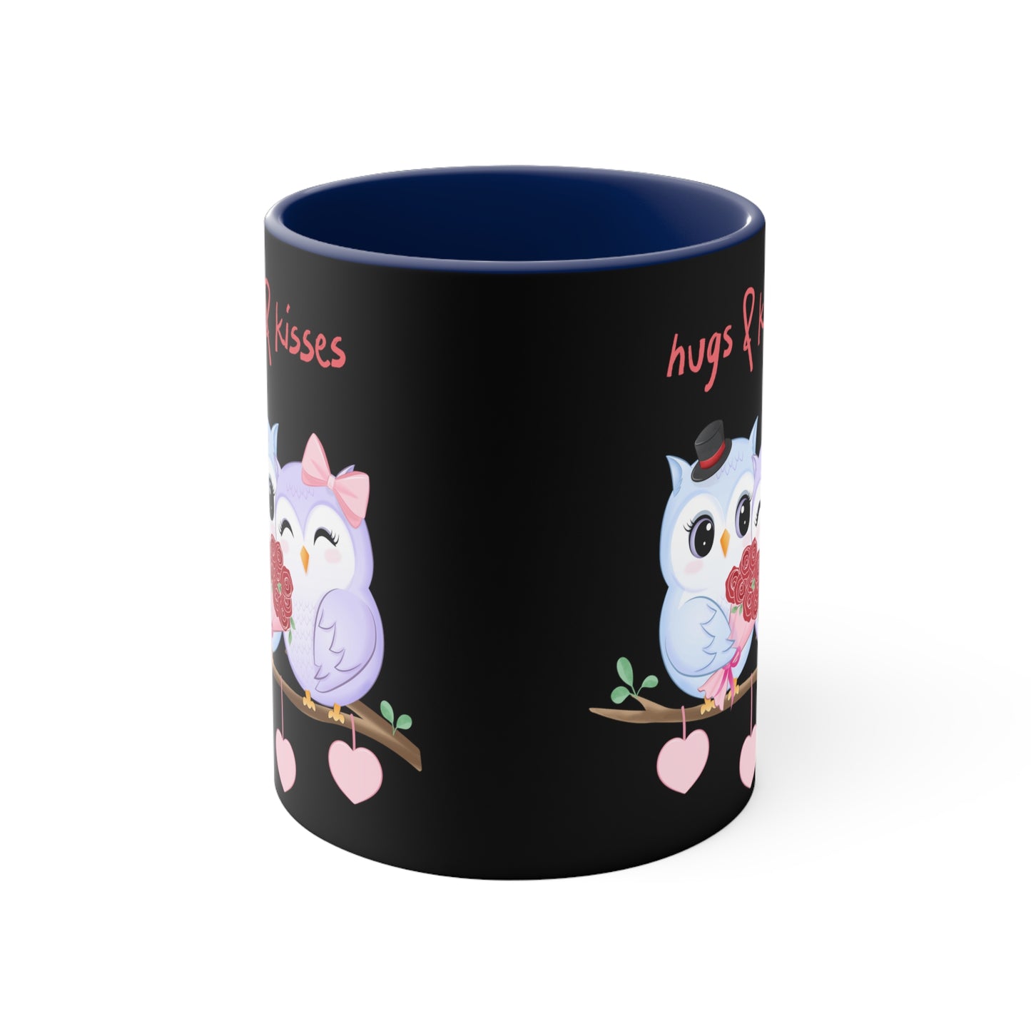 Hugs & Kisses Owls  Black Background Accent Coffee Mug, 11oz