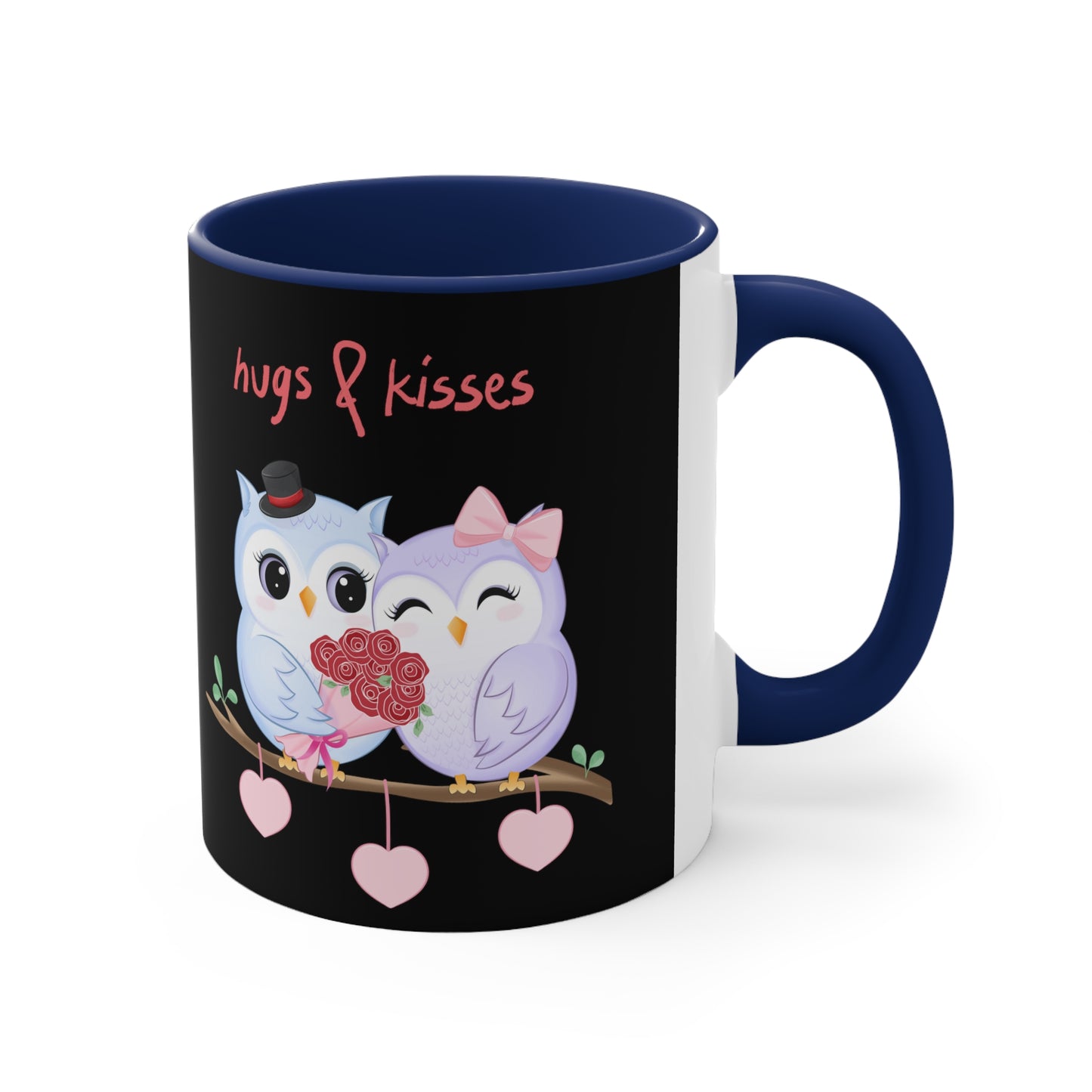 Hugs & Kisses Owls  Black Background Accent Coffee Mug, 11oz