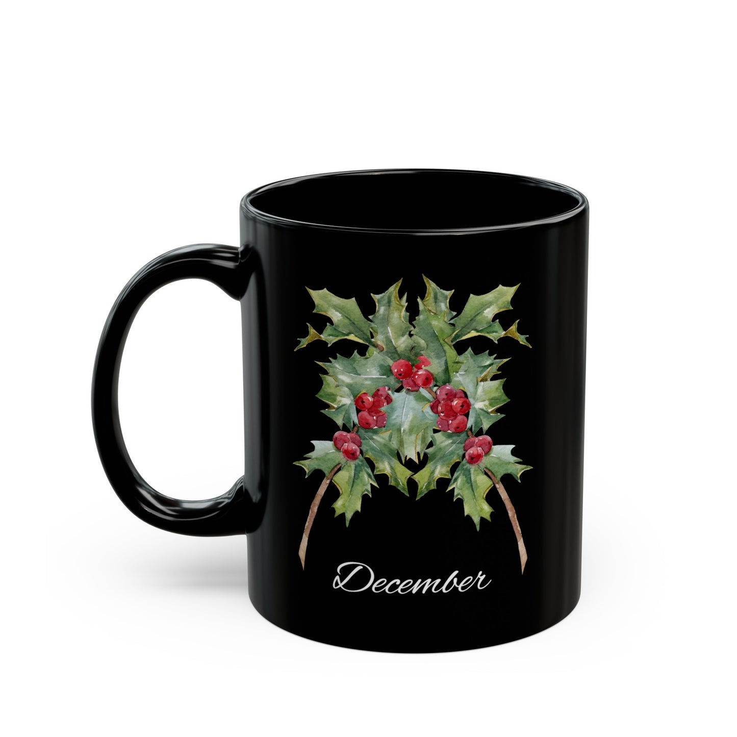 December Birth Flower Holly Black Mug (11oz, 15oz)