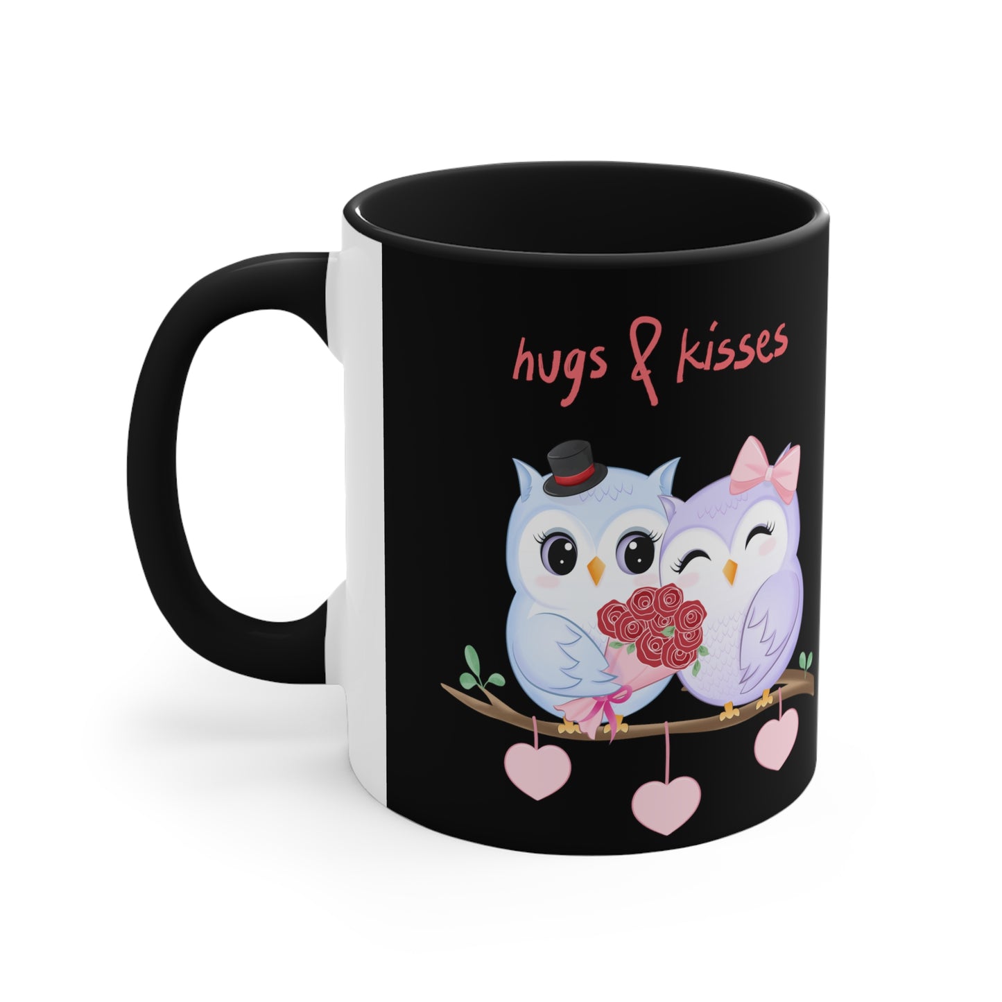 Hugs & Kisses Owls  Black Background Accent Coffee Mug, 11oz