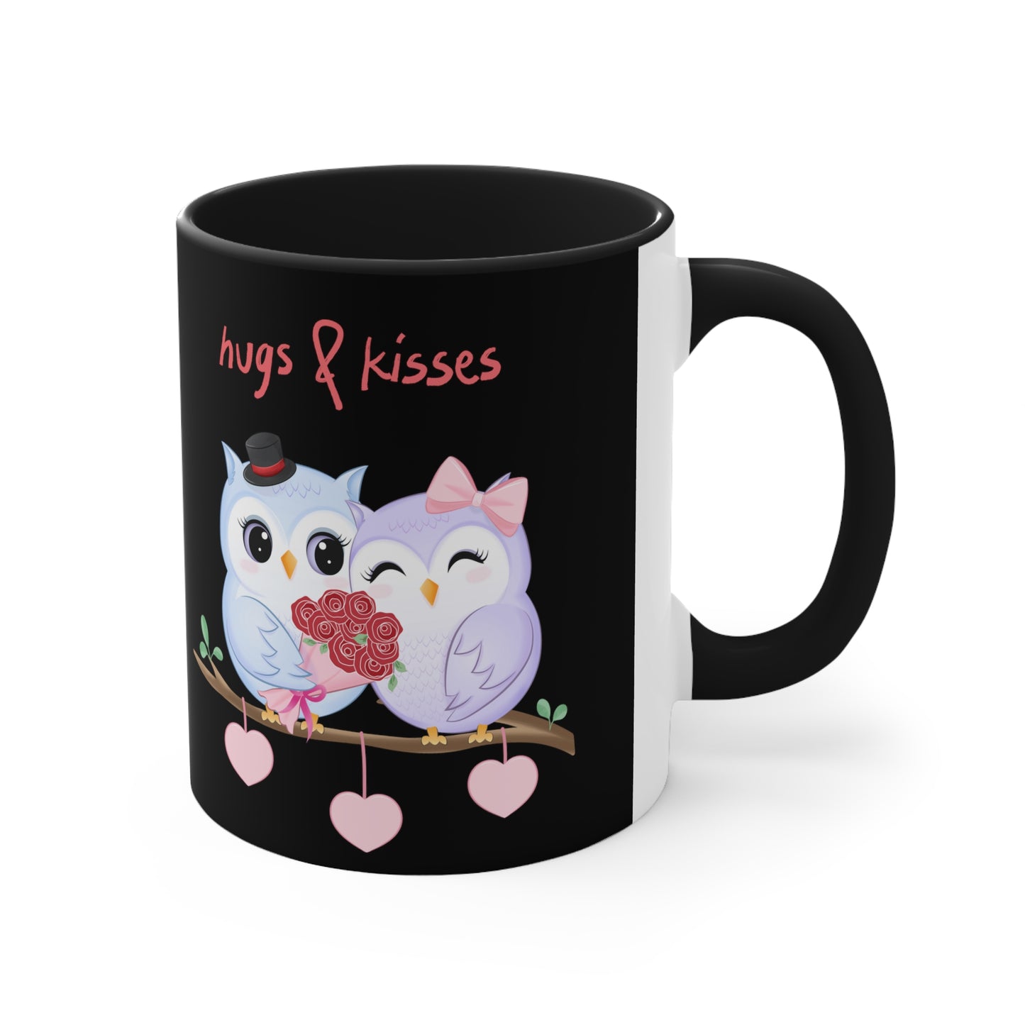 Hugs & Kisses Owls  Black Background Accent Coffee Mug, 11oz