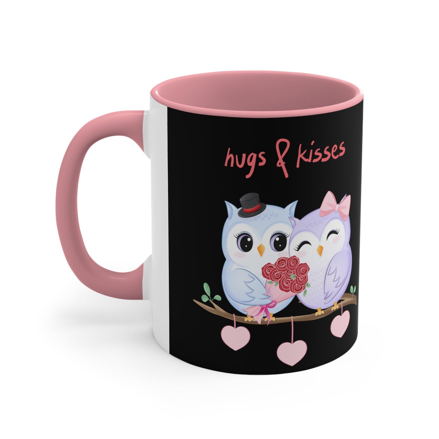 Hugs & Kisses Owls  Black Background Accent Coffee Mug, 11oz