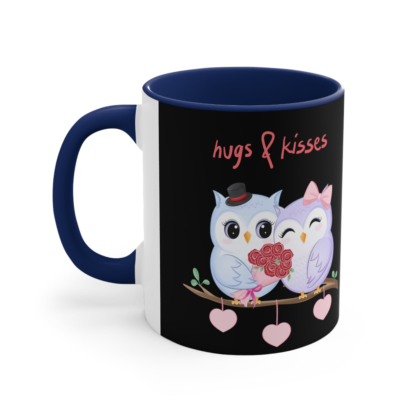 Hugs & Kisses Owls  Black Background Accent Coffee Mug, 11oz