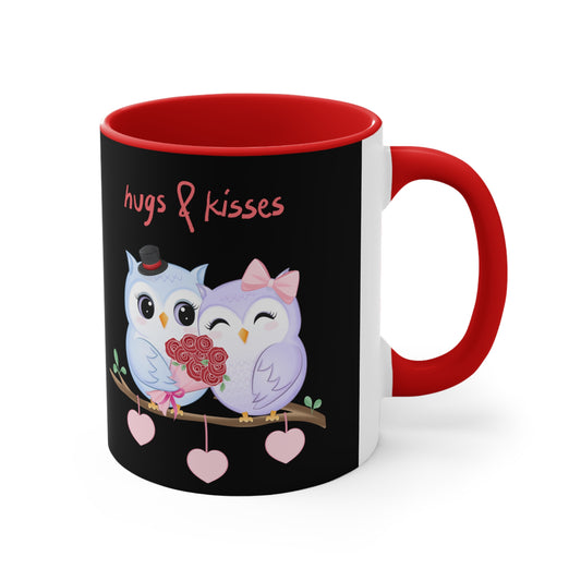 Hugs & Kisses Owls  Black Background Accent Coffee Mug, 11oz