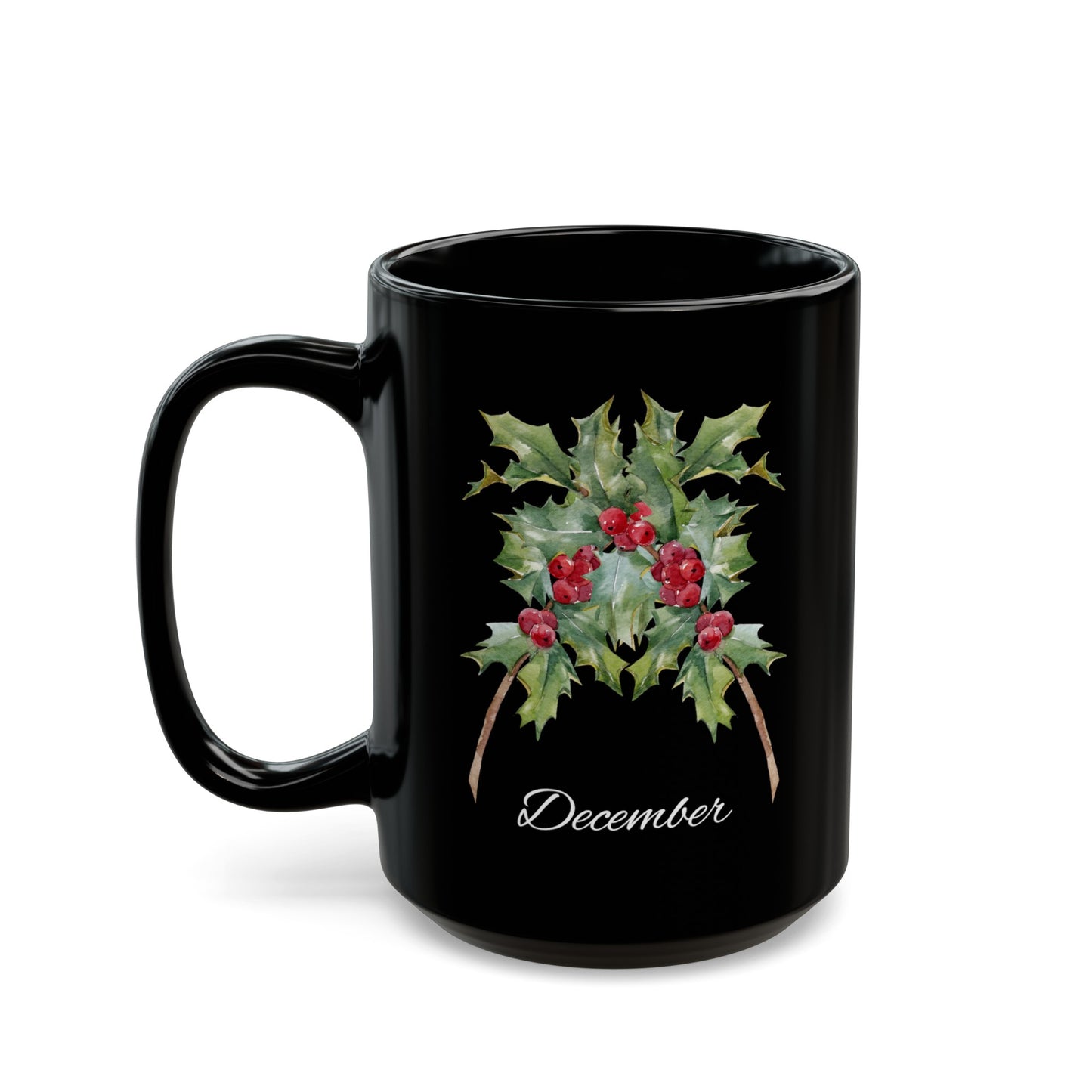 December Birth Flower Holly Black Mug (11oz, 15oz)
