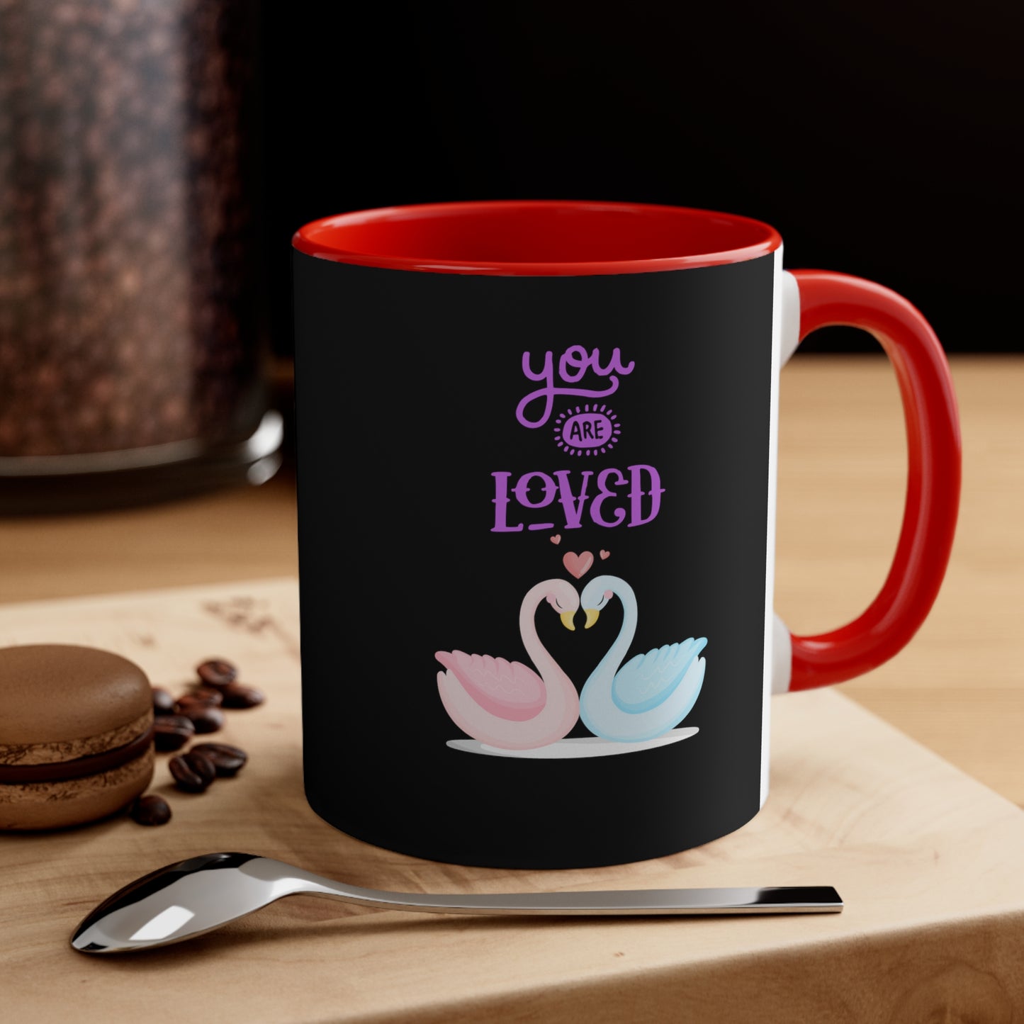 Swan You Are Loved on a Black Background Accent Coffee Mug, 11oz
